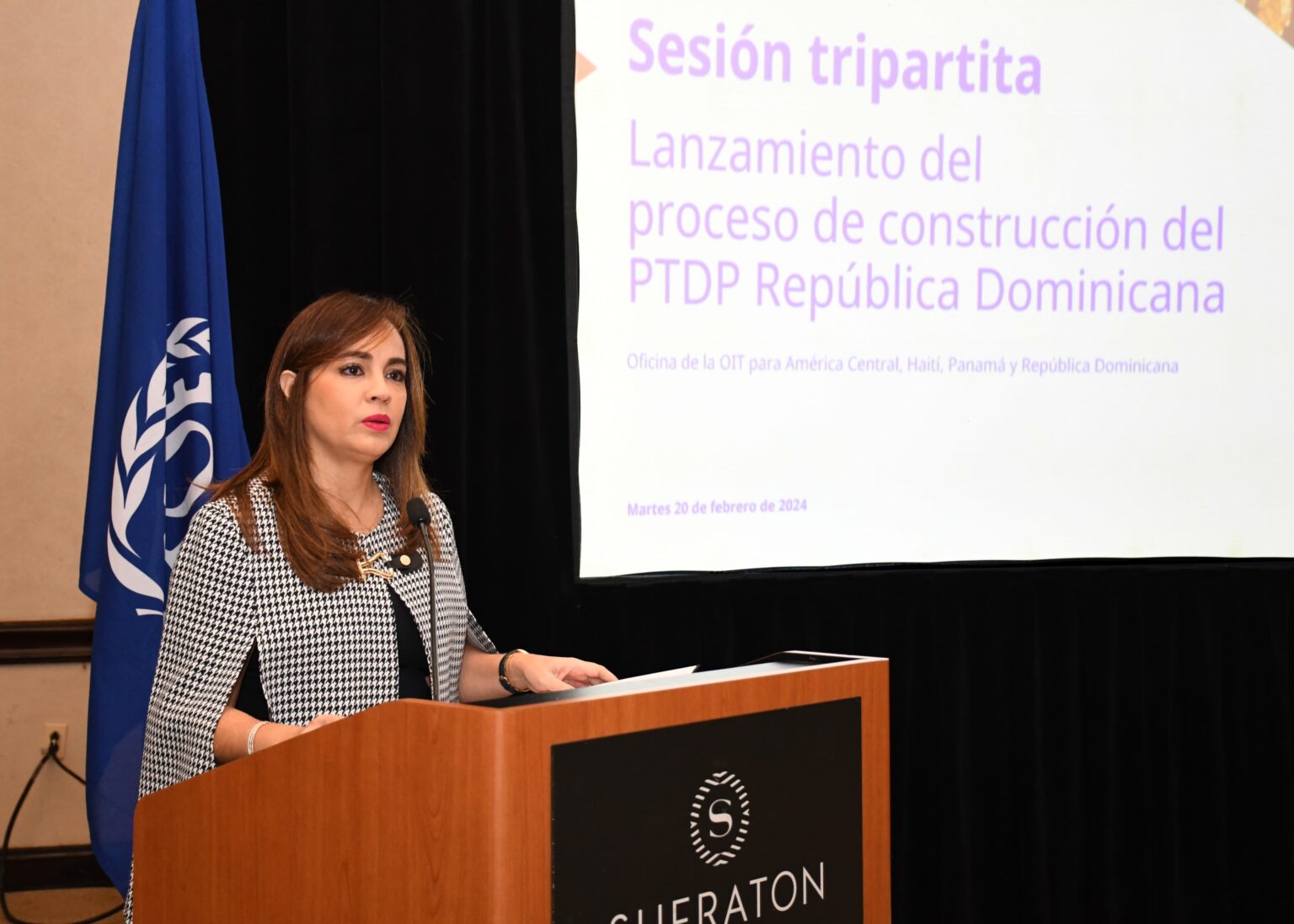 Foto 1 La presidente de la Copardom Laura Pena Izquierdo habla en la sesion tripartita de la OIT sobre trabajo decente